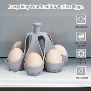 Silicone Egg Boiler Rack for Hard Soft Boiled Eggs, Food Grade Silicone Egg Boiler Cooker with 6 Holders, Kitchen Gadget for Cooking/Serving Eggs with Handle, Dishwasher Safe
