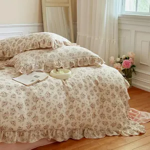 Muslin Duvet Cover Full for Kids Adults Elegant Pink Floral Duvet Covers with Ruffles Soft Breathable Comforter Cover Quilted Cover for Women Girls, 79"x90", No Pillow Cases