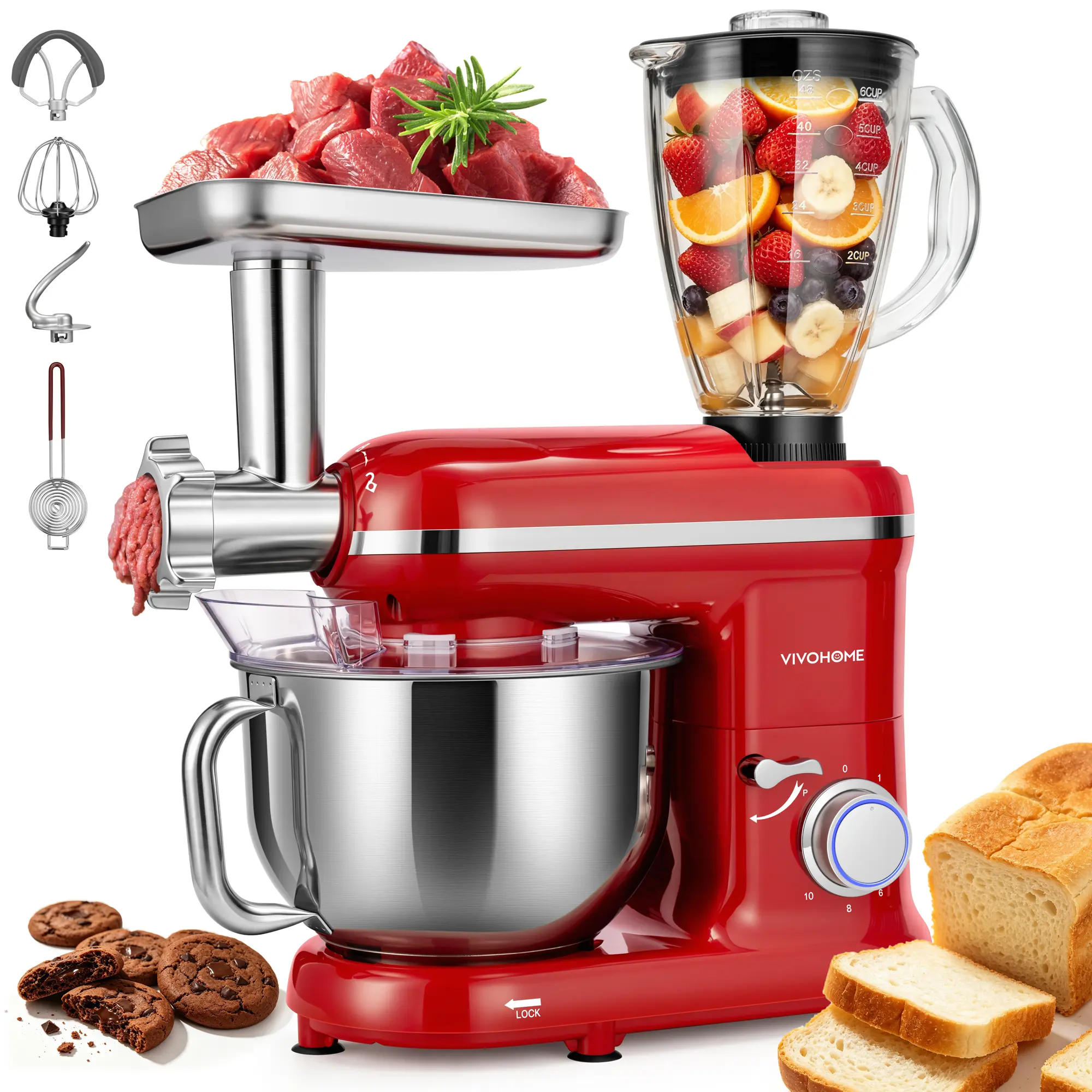 VIVOHOME 3-in-1 Stand Mixer, 6-Quart Tilt-Head Mixer, 10 Speeds,Meat Grinder & Glass Blender Jar, Stainless Steel Bowl, Dough Hook, Beater, Whisk, Splash Guard, Egg Separator