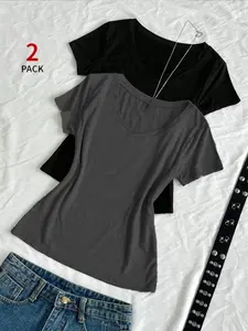 Women's Spring Summer 2-Pack Basic V-Neck T-Shirt, Classic Color, Slim Fit, Skin-Friendly Breathable Fabric, Casual Wear Womenswear