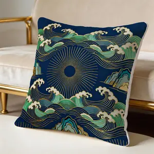 1 Piece Japanese Wave Sun Throw Pillow, Navy Blue Gold Foil Great Wave HD Digital Print Accent Pillow, Soft Plush Cushion with Hidden Zipper, Non-Fade Decor Pillow for Sofa Couch Bed, 18x18 Inch