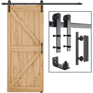 6.8 FT Heavy Duty Sturdy Sliding Barn Door Hardware Kit, Black, (Whole Set Includes 1x Pull Handle Set & 1x Floor Guide)  36"-40" Wide Door Panel (I Shape Hanger)