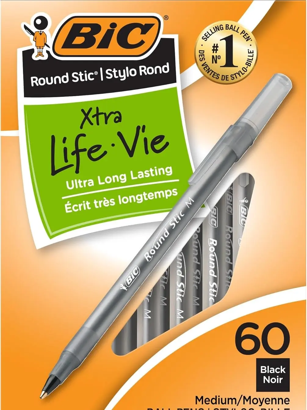 BIC Round Stic Xtra Life Ballpoint Pen, Ultra Long Lasting and Consistent Ink Flow, 60-Count in Black Ink