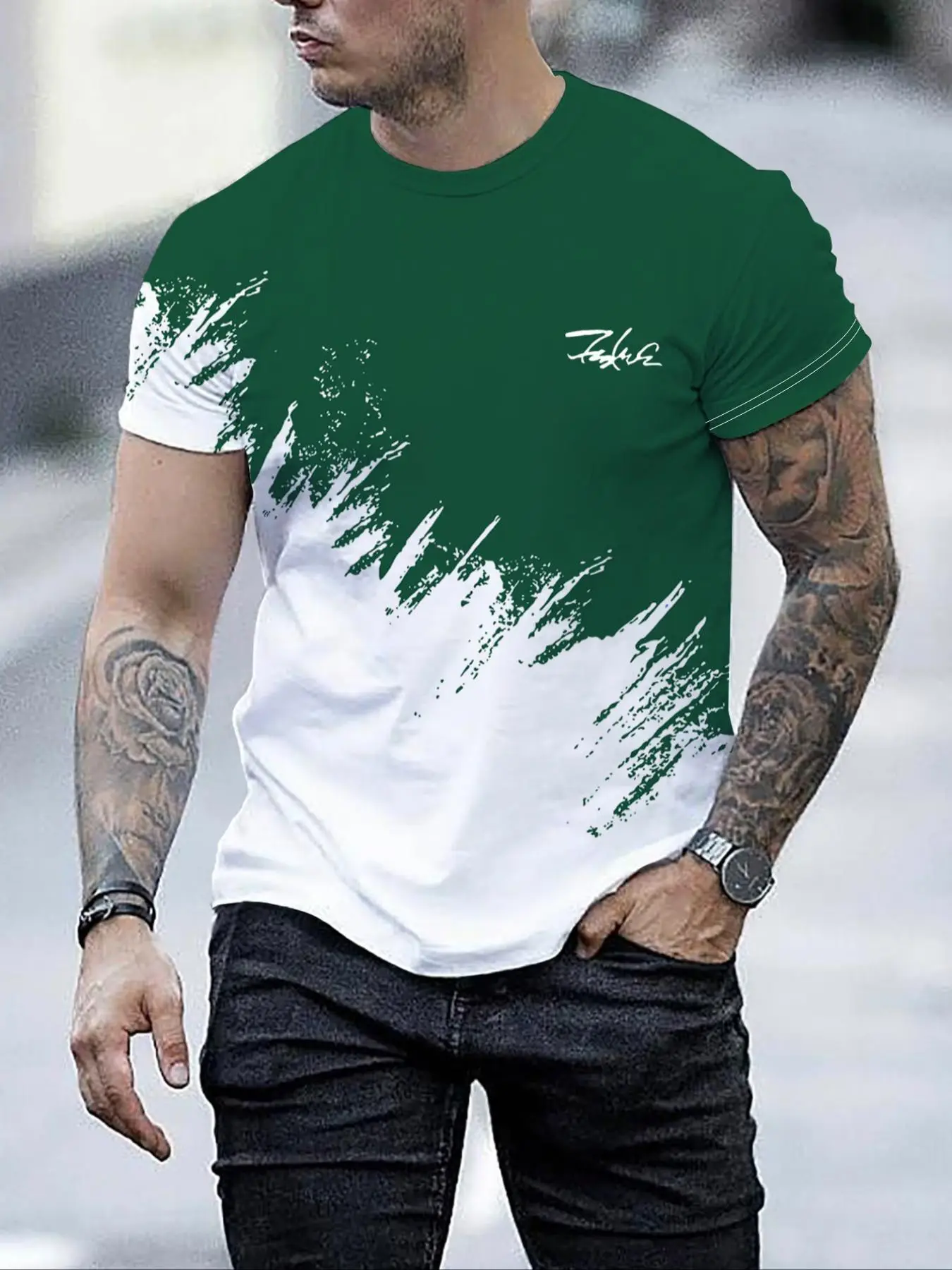 Men's Regular Fit Splash Ink Print Round Neck Tee, Casual Short Sleeve Crew Neck T-shirt for Summer, Fashion Men's Top for Daily Wear