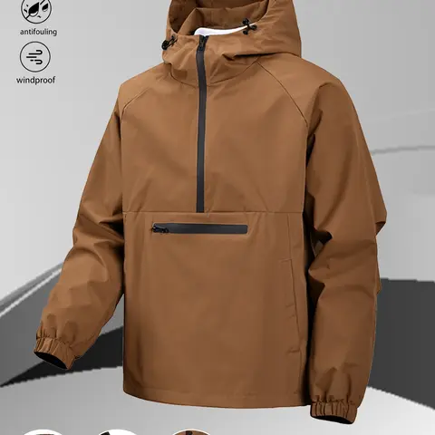Men's Fitted Hooded Half-Zip Windproof Jacket - Woven Stain-Resistant Polyester Casual Outdoor Outerwear with Large Pockets, for Hiking & Everyday Wear