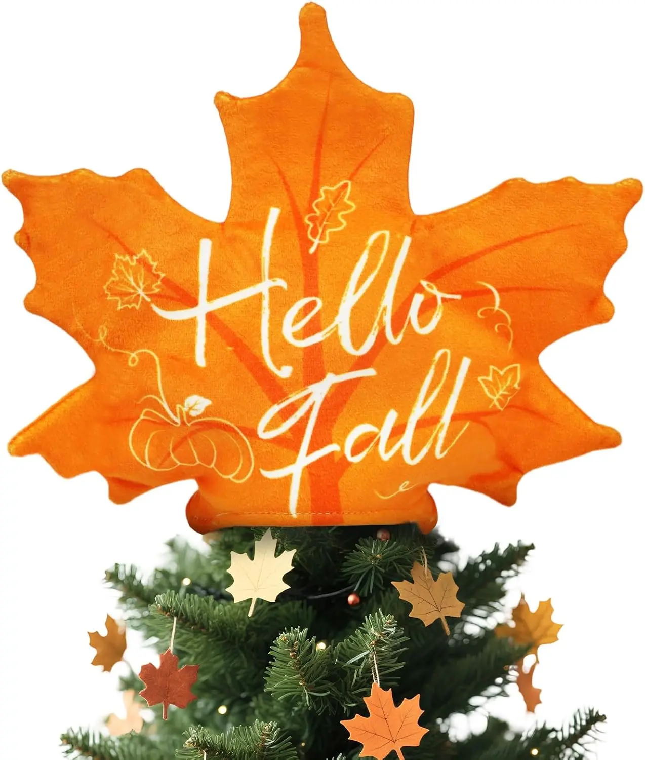 Thanksgiving Tree Topper, Fall Maple Leaf Tree Topper, Hello Fall Velvet Tree Top Decor for Holiday Autumn Farmhouse Harvest Party Xmas Christmas Indoor/Outdoor Tree Top Decoration