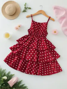 Girls' Polka Dot Halter Dress with Layered Design, Pleated Ruffle Dress, Elastic Waist Summer Fashion, Casual Wear for Beach Vacation Fun Dress