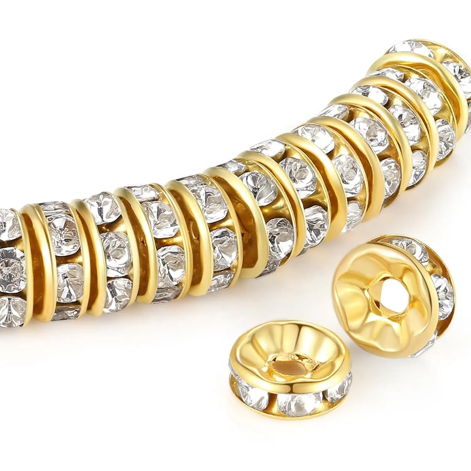 200PCS Gold Rhinestone Spacer Beads 8mm Crystal Rondelle Beads for Bracelet Necklace Jewelry Making