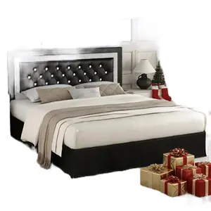 SIBEDS Furniture Store Style Bed Frame with Adjustable Headboard, Upholstered Platform with LED Lights and Skirt, Diamond Tufted Crystal Button Upholstered Foundation with Wooden Slats, Easy Assembly, Black/White/Grey/Christmas Gifts– Cama con Luces LED