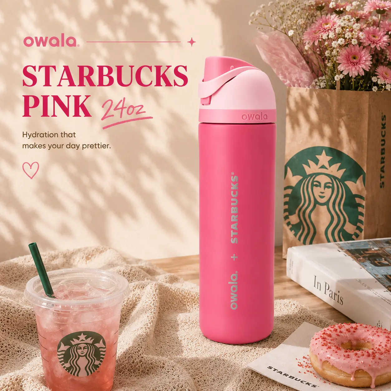 Pink Starbucks Owala 24oz FreeSip Insulated Water Bottle | Leakproof Stainless Steel Bottle with Built-in Straw for Travel, Gym & Daily Hydration