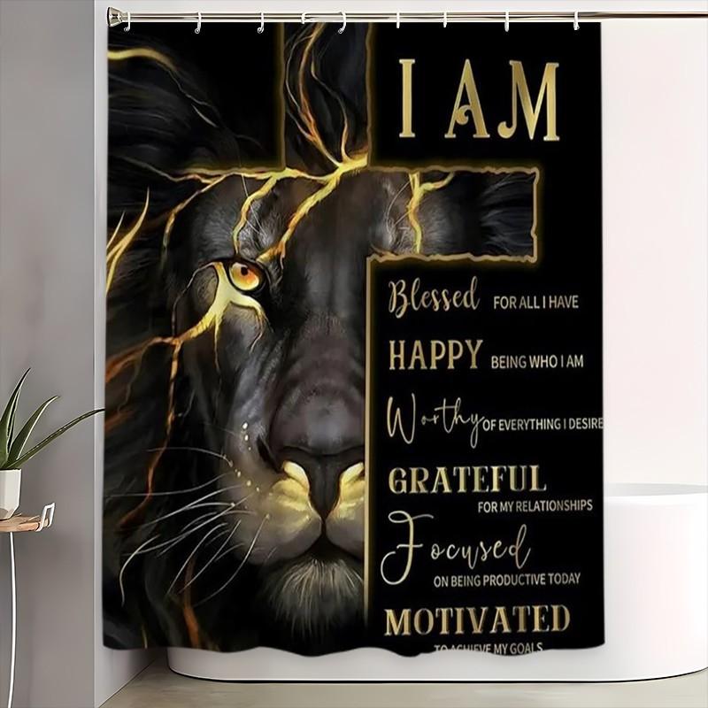 Creative Gold Lion Shower Curtain Set, Waterproof Polyester, Includes Hooks, Toilet Lid Cover, Mat, Home Decor, Holiday Gift, Bathroom Decoration Accessories