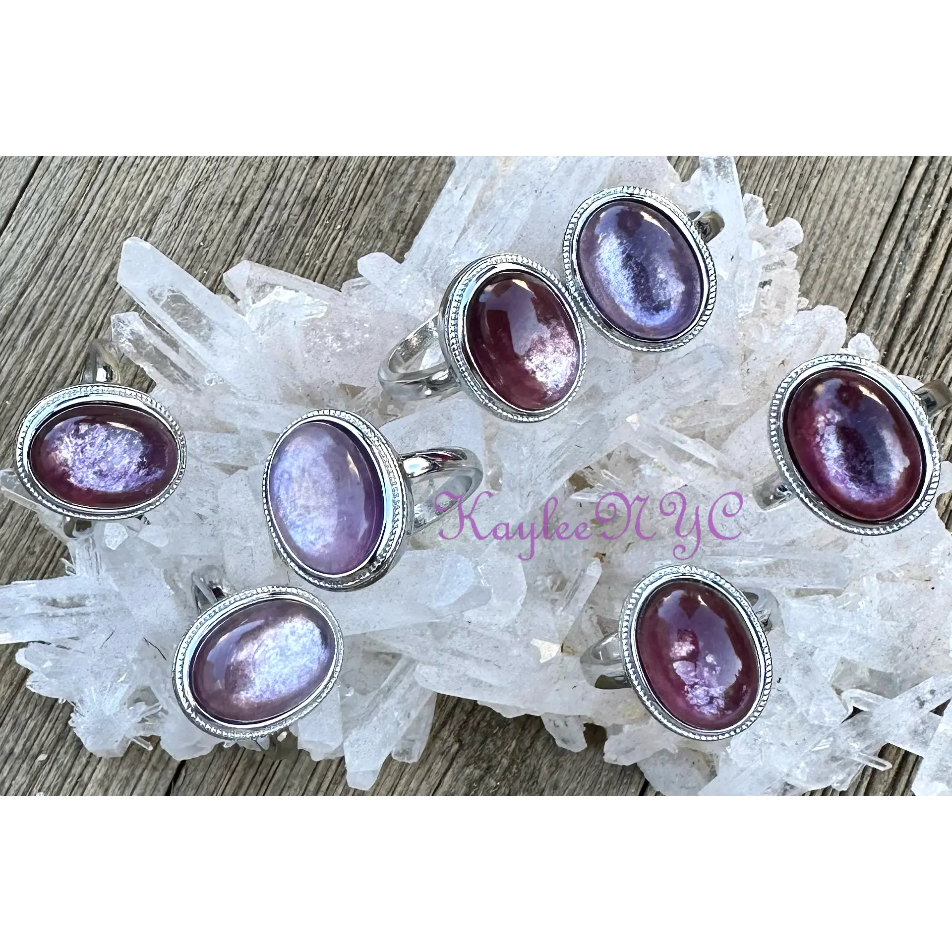 7 PCs Natural Purple Mica Lepidolite White Bronze Ring