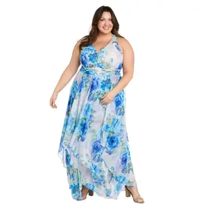 Flowy Chiffon Maxi Dress with Blue and Lavender Floral Print and Ruffled Tiered Skirt - Plus