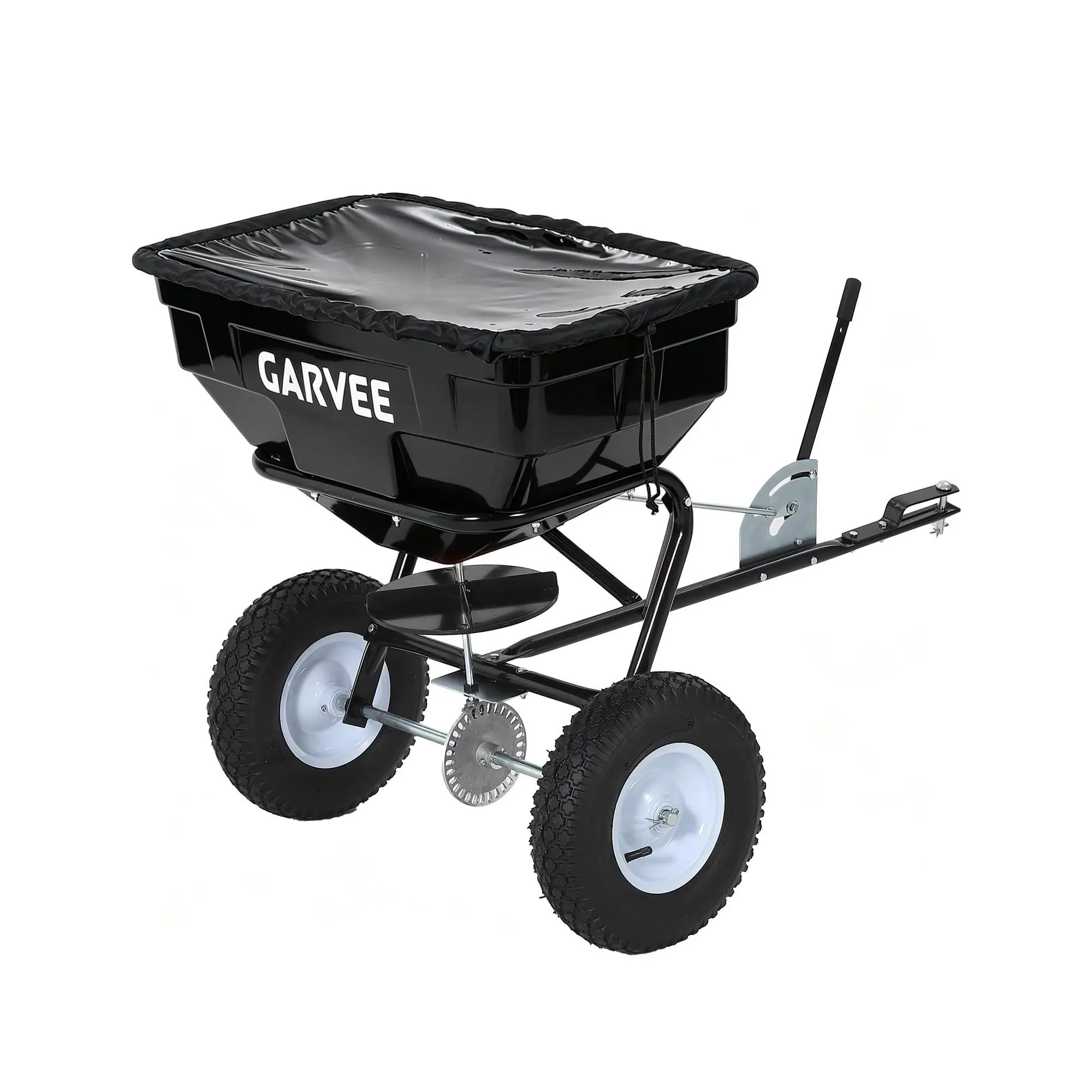 125 lb Tow-Behind Broadcast Spreader, Tow or Push Lawn Spreader with 9.8FT Spread Width, 30 Settings & Universal Hitch, Black