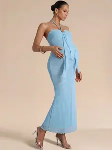 BELLAdresses Blue Seaside Maternity Dress - Elegant 3D Floral Halter Neck Gown with High Elasticity for Beach Vacation