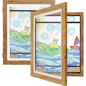 Artwork Frame Set of 2 - 8.5x11 Front Opening  Art Frames Changeable, Brown Artwork Display Storage Frame for Wall Mount,  Door Holds 50 Art Pieces for Drawings, 3D Picture, Crafts, Portfolio