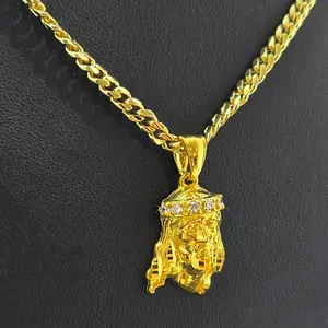 AAA+ Brass Mini Jesus Religious Pendant & 4mm 18" 20" 24" Cuban Chain Necklace For Unisex, Men, Women