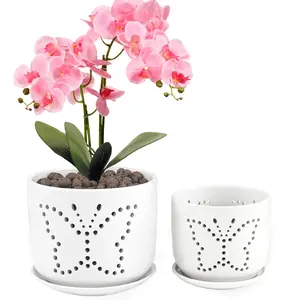 BOMPOW Set of 2 Orchid Pots with Holes & Trays, 5 Inch+6 Inch Ceramic Planters for Indoor Plants, Effective Drainage and Ventilation to Prevent Root Rot of Orchids