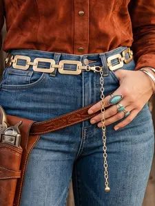 Vintage Western Geometric Link Waist Chain Belt for Women | Adjustable Textured Rectangle Metal Link Belly Chain | Boho Cowboy Style Statement Belt Fashion Accessory for Dresses & Jeans(Gold & Silver )