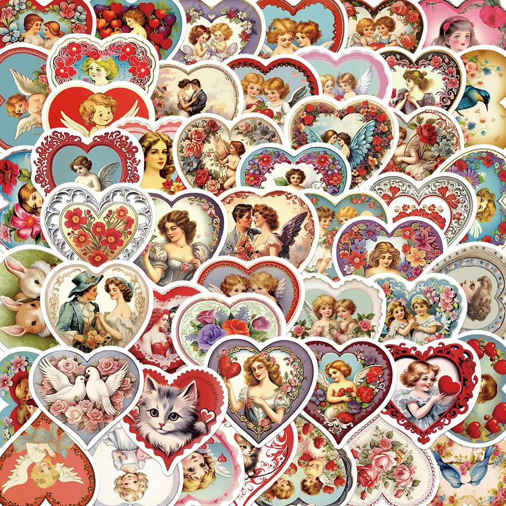 Vintage Heart Shaped Sticker, 50pcs/set Romantic Lovely Heart Pattern Sticker, DIY Decorative Sticker for Phone Case, Cellphone, Water Bottle, Laptop, Scrapbook, Ornaments