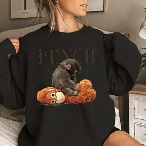 Monkey Punch Cozy Sweatshirt, Baby Monkey And Plush Toy, Animal Lover Gift, Cute Viral Shirt, Graphic Sweatshirt Long Sleeve Tops Pullover,  Unisex Sweatshirts