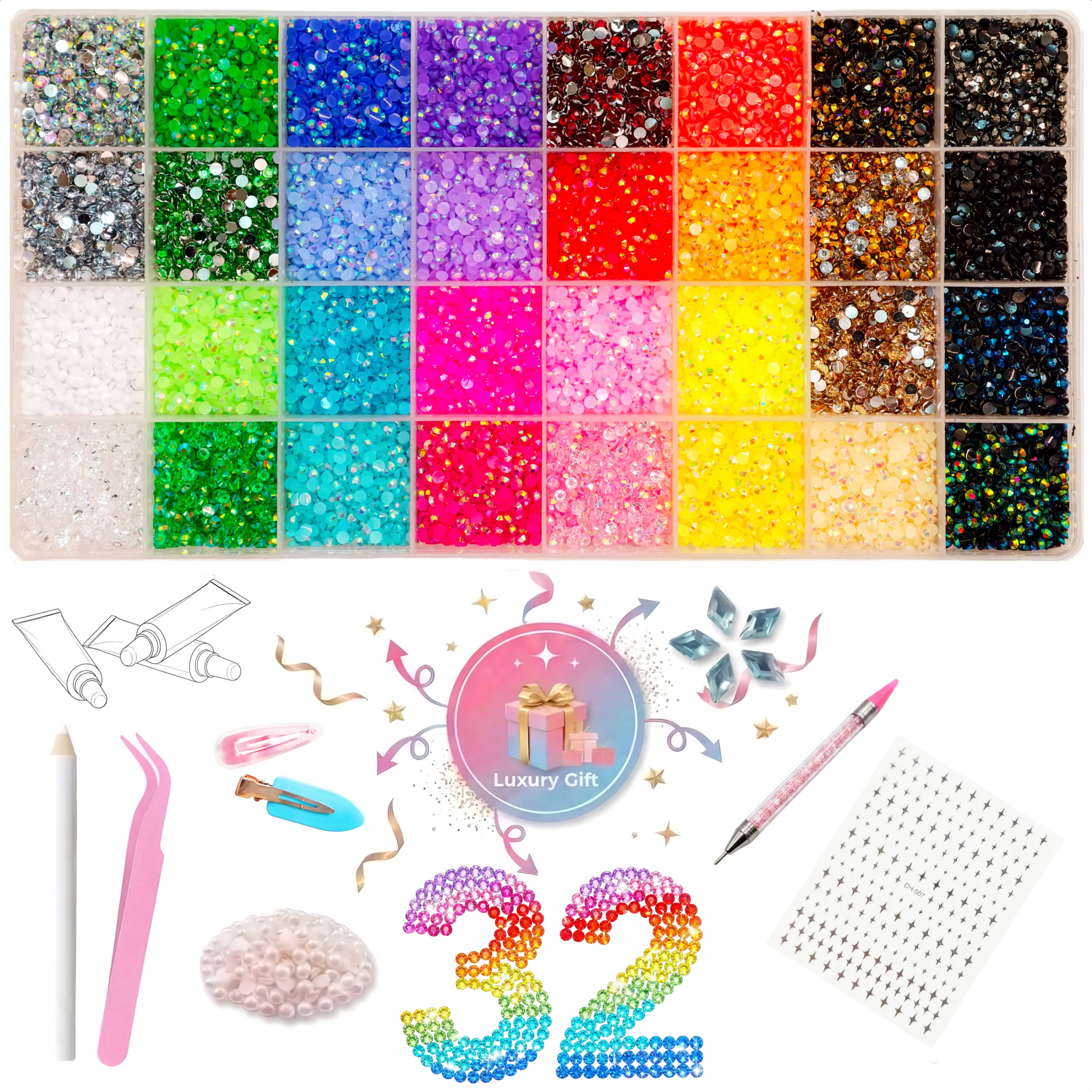 Color Jelly Rhinestone Bedazzling Kit -32Colors, 40000+ 3mm Resin Rhinestones for Nail Art, Phone Cases, Jewelry Making & DIY Crafts. Includes Dual-Ended Pick Up Pen, Tweezers, 2 Hair Clips, 50 Half-Round Pearls, 5 Blue Rhombus Gems & Star Nail Stickers.