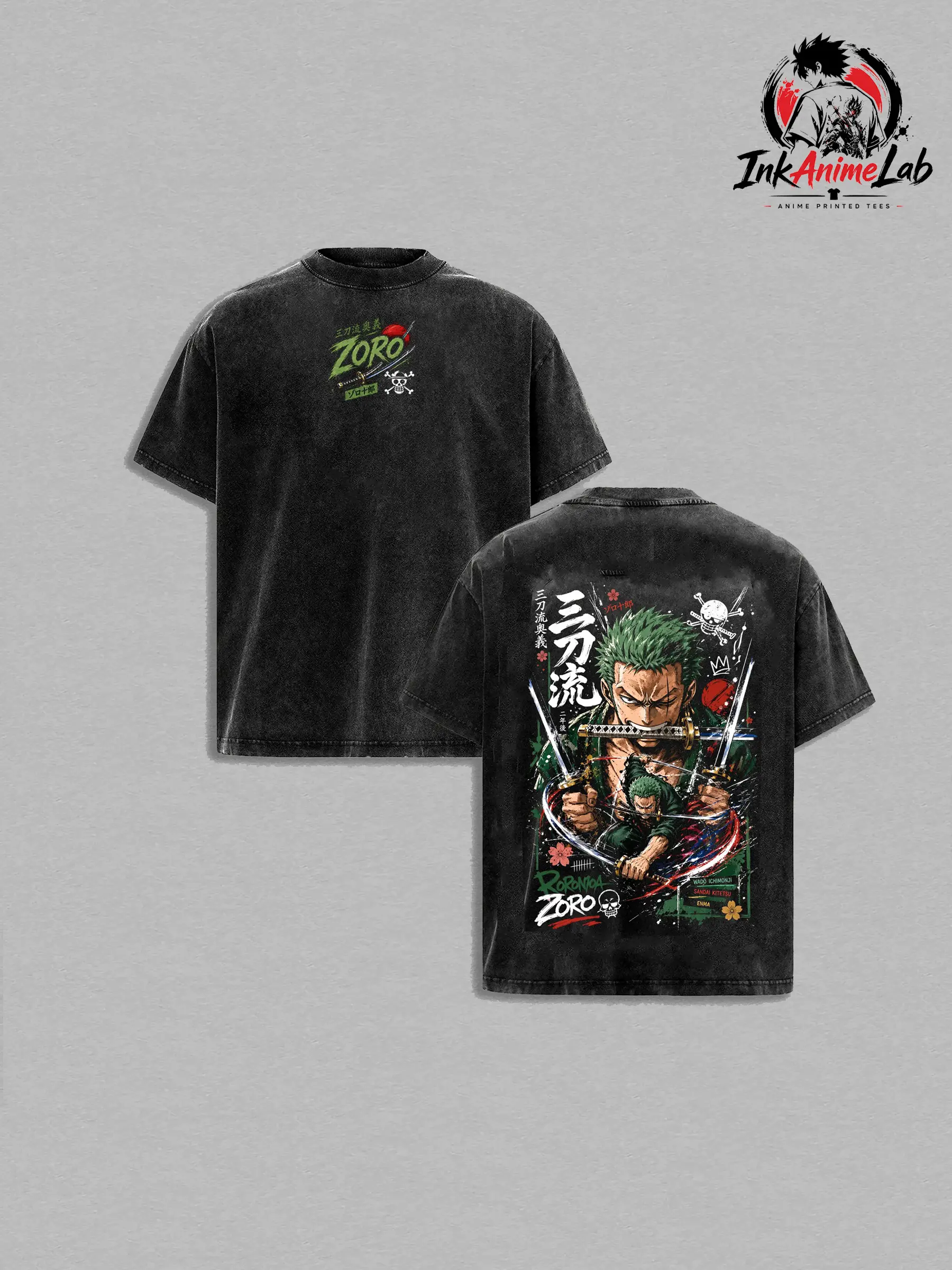 Roronoa Zoro Vintage Washed Tee, One Piece Three Sword Style Santoryu Anime Shirt, Zoro Wano Arc Swordsman Graphic Streetwear