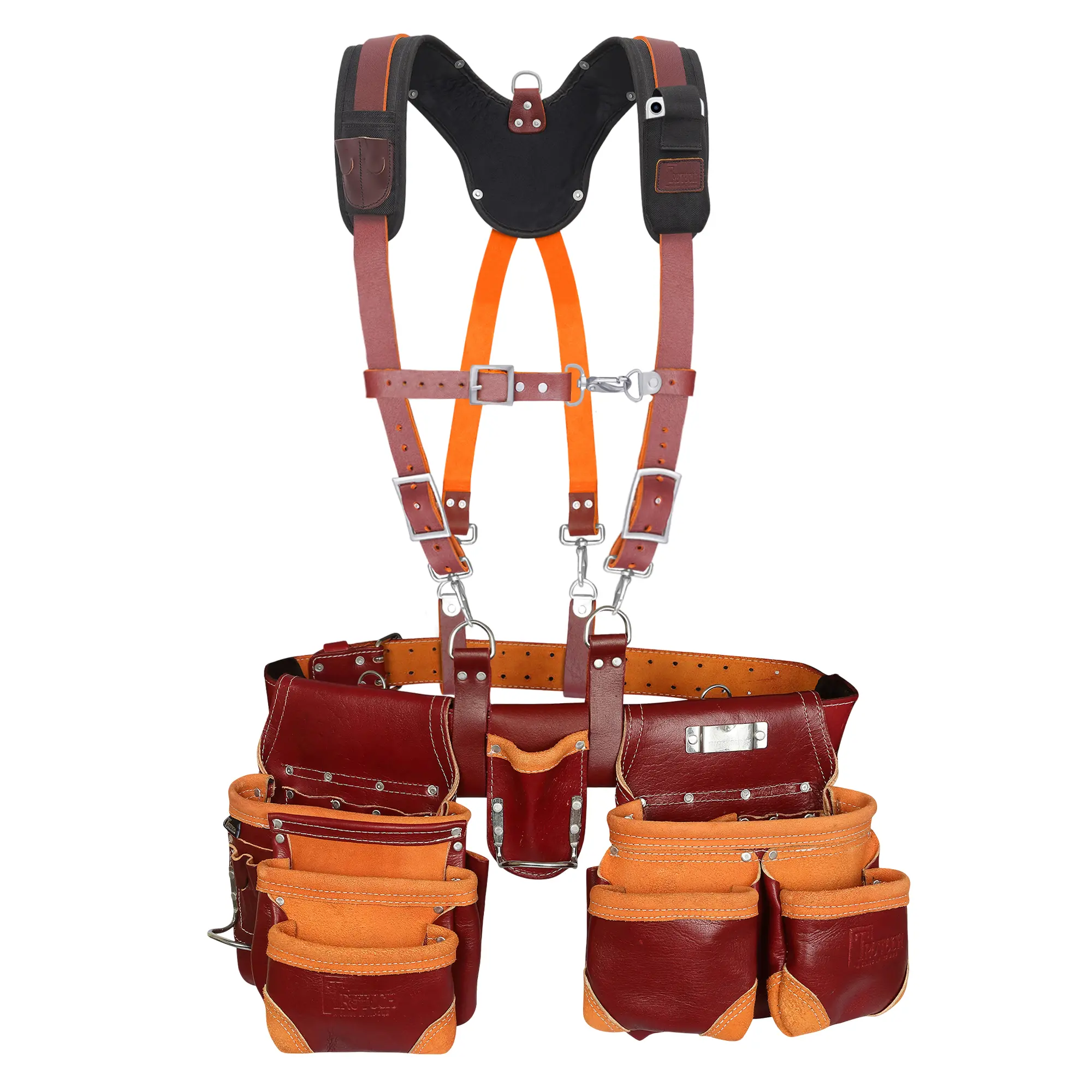 Trutuch Maroon Leather Tool Belt with Pocket Suspender & Tool Pouch Bag - 100% Genuine Grain Leather, 18 Pockets, Comfortable Adjustable Suspenders