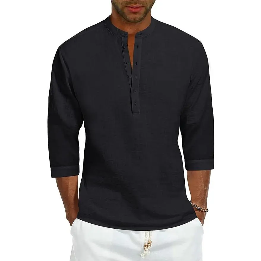 PASLTER  Mens Linen Henley Shirts Long Sleeve Hippie Yoga Summer Beach Casual Henleys T-Shirt Menswear Top