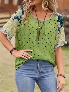 Plus Size Floral Print Ruffled Sleeve Blouse Casual Round Neck Short-Sleeve Top, Y2K Clothes Summer Daily Wear, Trendy Mixed-Pattern Tops, Comfortable Relaxed Fit Casual Ensembles, Stylish Romantic Detail Party Casual Wear