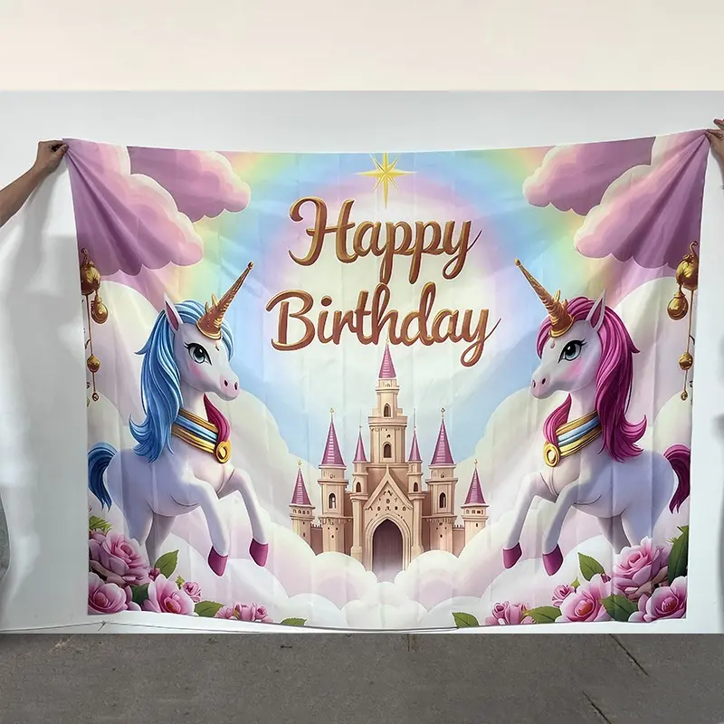 Unicorn Pattern Birthday Party Banner, Photo Props Background Cloth, Indoor & Outdoor Decoration, Cake Background Decoration, Ornaments, Birthday Party Decorations, Happy Birthday, Birthday Party Supplies