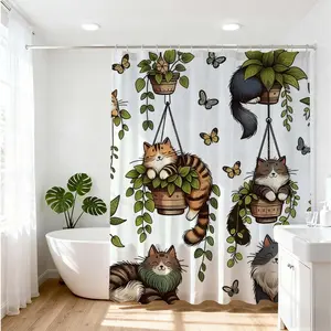 Cute Cat Plant Pattern Shower Curtain, Waterproof Bathroom Curtain with 12 Hooks, Ideal for Home, Salon, Dormitory, Hotel Decoration