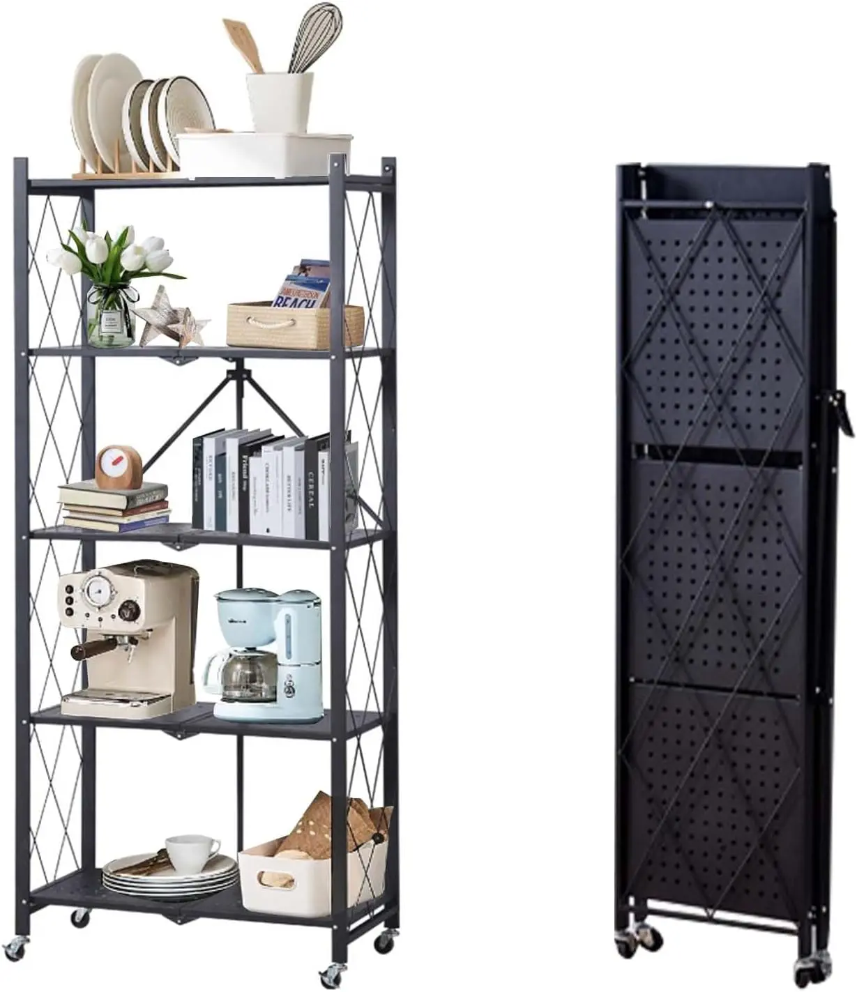5 Tier Foldable Kitchen Storage Shelves with Wheels, Large Capacity Shelving Unit, Collapsible Organization Storage Rack Bookshelf, No Assembly Organizer Rack for Kitchen, Pantry, Office