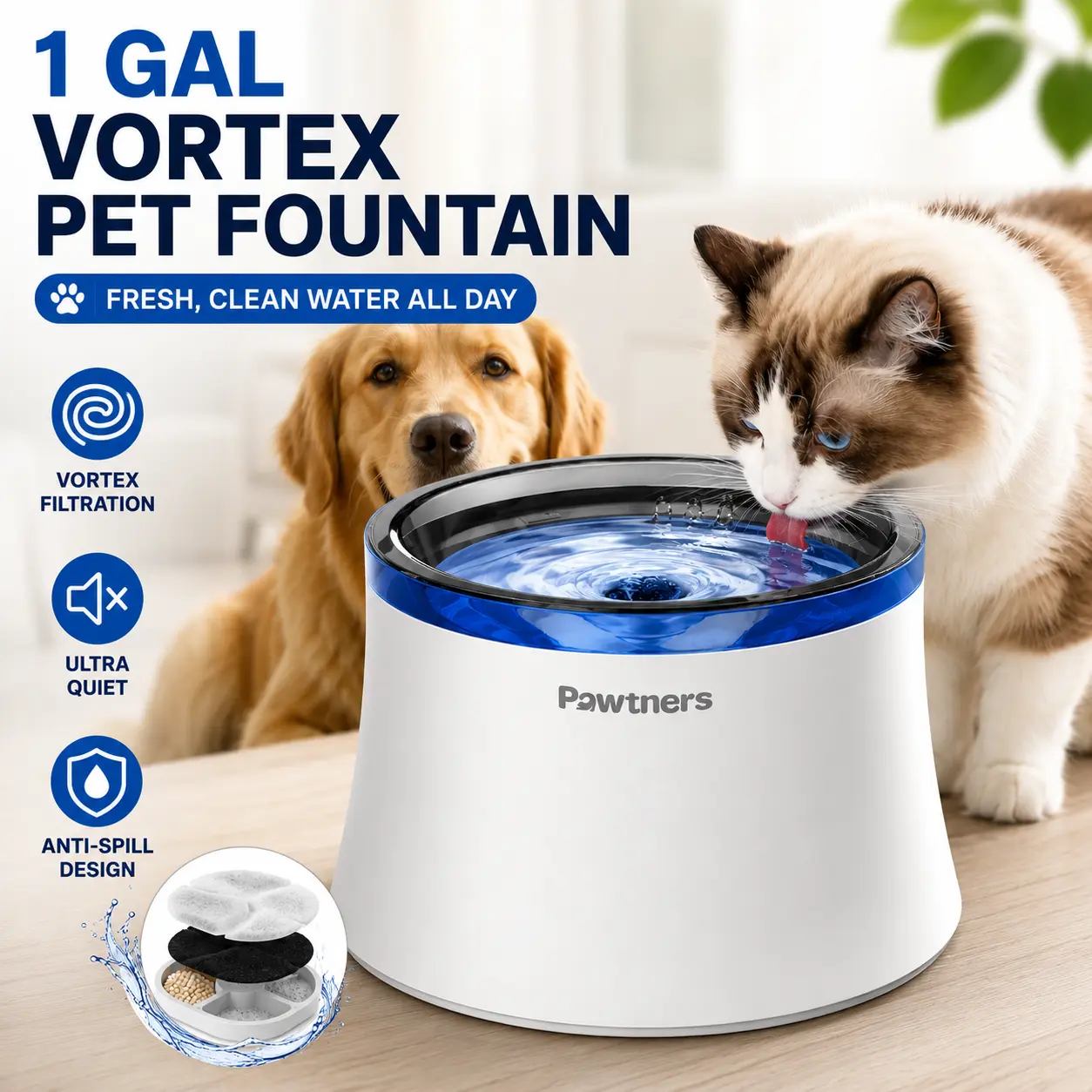 Pawtners Pet Water Fountain for Cats & Dogs, 1 Gal/3.5L Automatic Fountain with Vortex Filtration, Ultra-Quiet Pump, Deep Drinking Area, Anti-Spill Splash-Proof Design, BPA-Free, Low Water Alert, Prevents Impurities, Protects Spinal Health