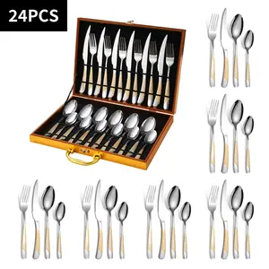 Luxury 24-Piece Silverware Set - Star Diamond Cutlery Set, Modern 304 Stainless Steel Flatware for 6, Knives, Forks, Spoons, Hammered Design Tableware Set