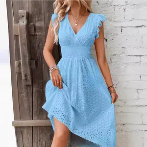 Trendy Summer Eyelet Dress - V-Neck Lotus Leaf Sleeve Smocked Waist Mini Dress | Boho Elegant Cute Lightweight Lace Embroidery Elastic Fabric Womenswear | Perfect for Beach Vacation & Brunch Outfit