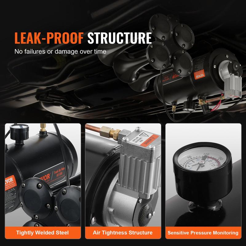VEVOR Train Horns Kit, TikTokShopBlackFriday, 4 Trumpet Air Horn Kit, 150dB Train Horns for Pickup Trucks, 12V 120 psi Air Compressor 0.8 Gal/3 L Tank with Gauge for Any 12V Vehicle Car Truck Train Van Boat Power Sound Accessory VEVOR Super Brand Day