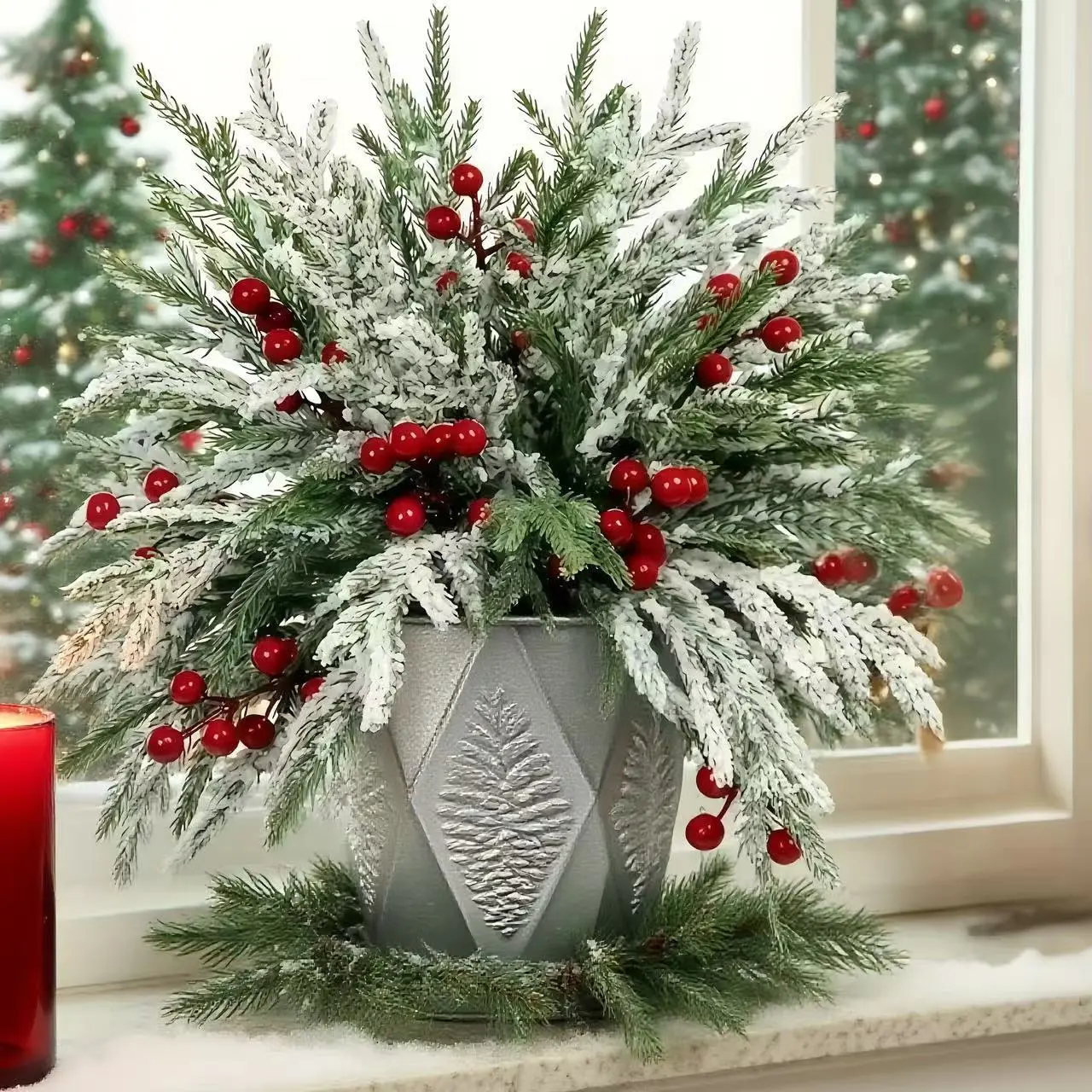 60 Christmas Snow Norfolk Fir Branches with Berries, Artificial Pine Needles, Fake Greenery for Wreath Home Decor, Ornaments Decor, Festive Home Decoration, Christmas Decorations