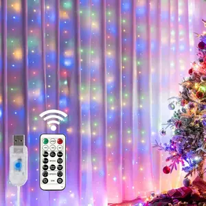 [USA Stock] Window Curtain String Lights, 300 LED 8 Lighting Modes Fairy Copper Light with Remote, USB Powered Waterproof for Christmas Bedroom Party Wedding Home Garden Wall Decorations, Multicolor