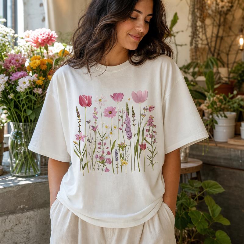 Botanical Wildflower Women's 100% Cotton Tee Breathable Cottagecore Spring Floral Graphic T-Shirt