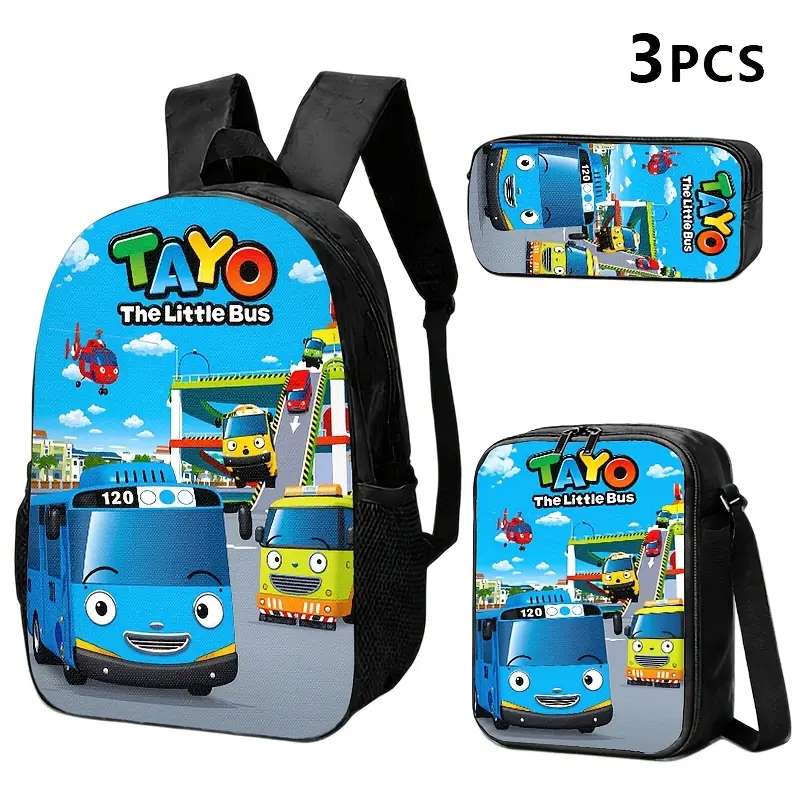 Durable Water Resistant 3-Piece Backpack Set for Kids, Lightweight School Bag with Lunch Box, Featuring Tayo The Little Bus Cute Cartoon Full-Print, Colorful City Traffic Scene & Sky Cloud Background for Toddler Cartoon Fans Daily School & Outdoor Use