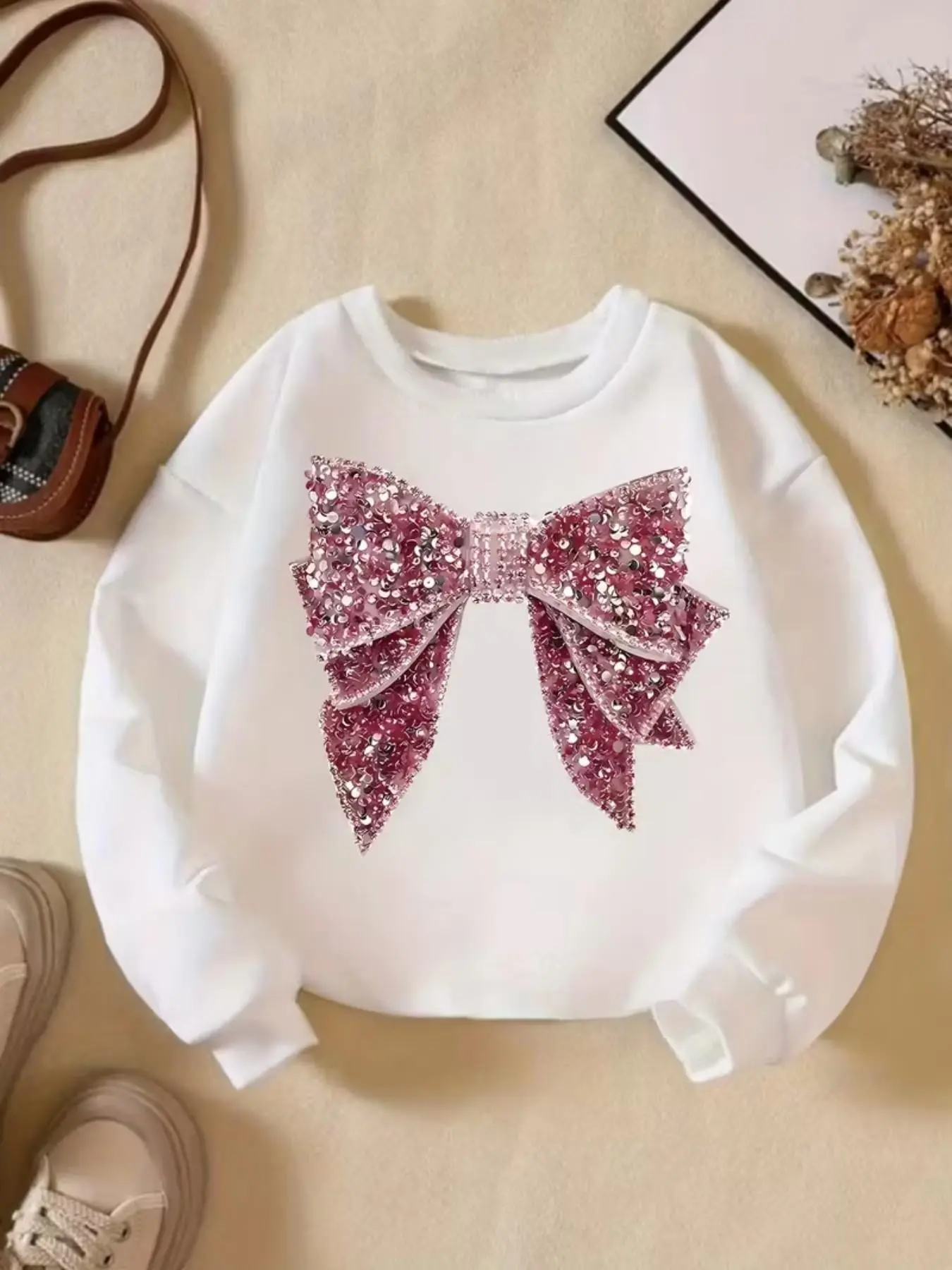 Girls' Faux Sequin Bowknot 3D Printed Round Neck Sweatshirt, Soft Polyester Knit Long Sleeve Casual Style, Fall/winter Wear, Graphic Print Sweater, Cute Casual Warm Sweatshirt