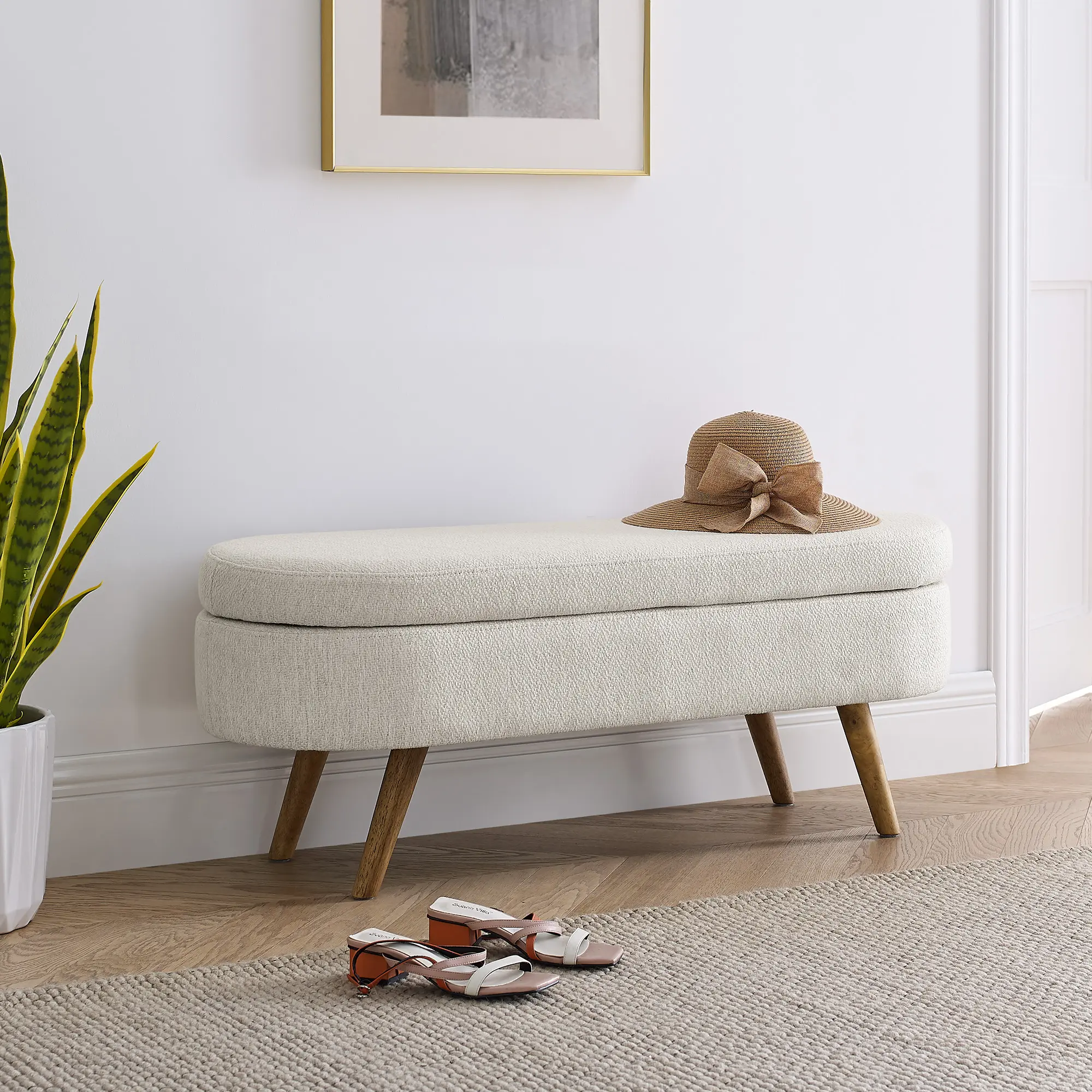 Fabric Pleated Storage Ottoman, Multi-Purpose Footstool & Extra Seat, Handmade Ottoman Bench with Sturdy Rubber Wood Legs, Decorative Upholstered Stool for Home Bedroom Living Room