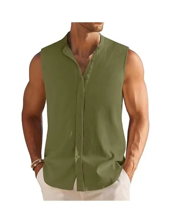 COOFANDY Men's Vests Summer Beach Tank Tops Sleeveless Button Up Shirt Casual Textured Tank Shirts