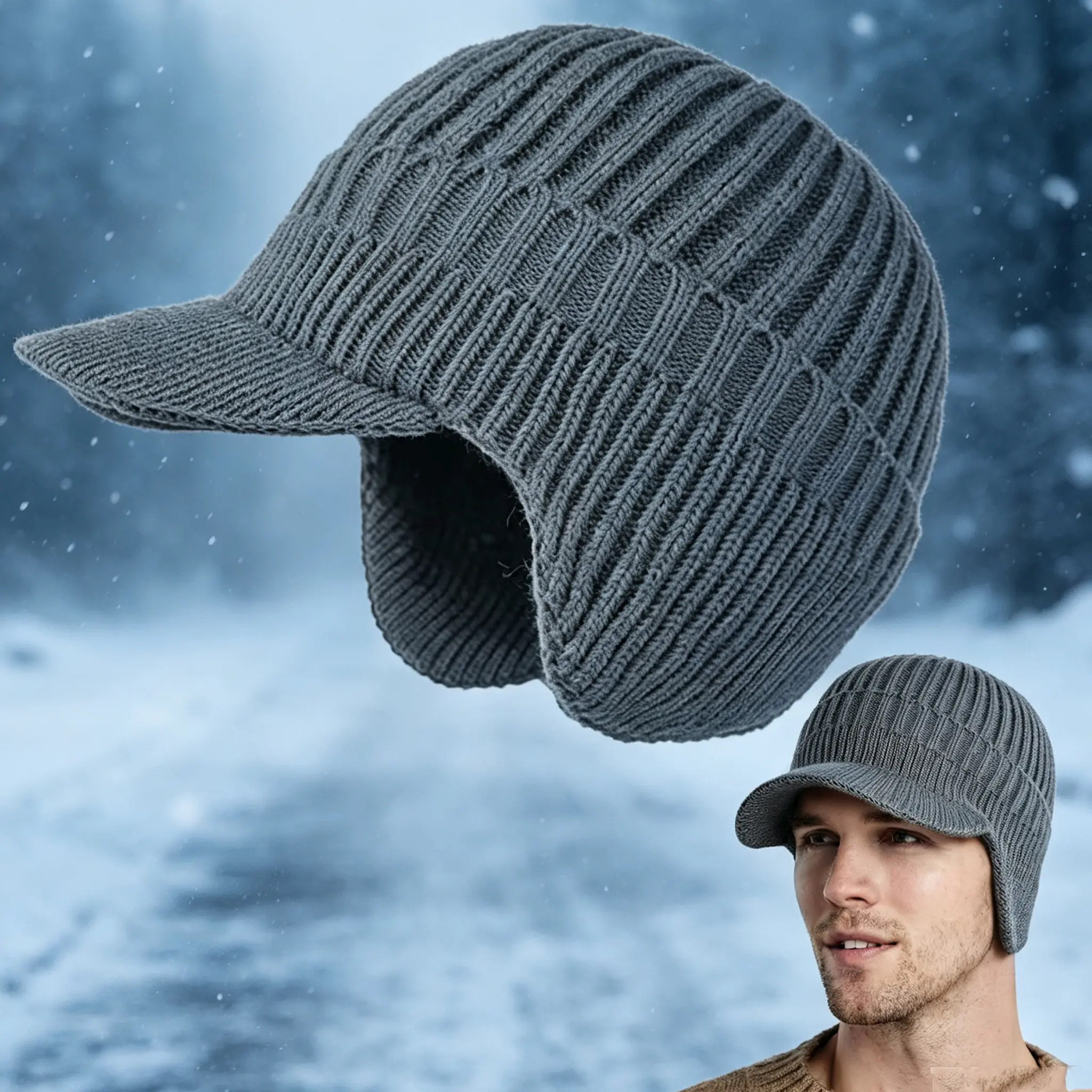 Men's Winter Knit Beanie Hat with Visor & Ear Flaps            a Thick Warm Ribbed Knit Cap, Windproof Cold Weather Hat for Outdoor Cycling Skiing Daily Wear