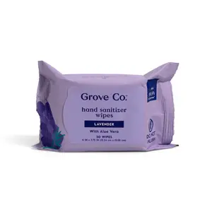 Grove Co. Hand Sanitizing Wipes - 99.9% Effective Against Germs, 65% Alcohol, Aloe Vera, Natural Lavender Fragrance, 30 Wipes