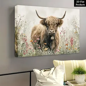 Scottish Highland Cow Country Style Decorative Canvas Painting - Suitable for living room and bathroom decoration, winter, spring, and Valentine's Day themed decor - Cute cow art poster with bell collar, available in local warehouse for fast shipping, 2D
