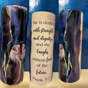 Skinny 20oz Christian Tumbler w/Lid and Straw, Bible Verse Tumbler, Religious Gifts, Gift for Women, Proverbs 31:25 Bottle Drinkware Metal Stainless Steel Handmade Water Bottles Printed Portable