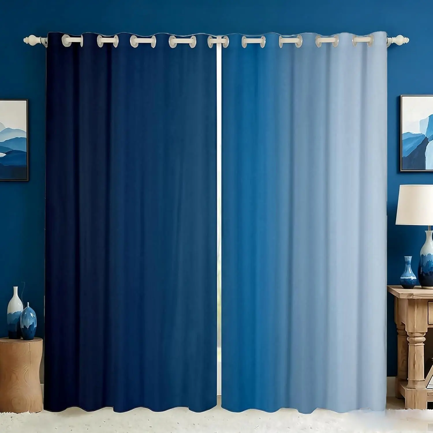 Gradient Curtains Living Room Dark Blue Light Blue Black Out Curtains Sets,Contemporary Aesthetic Ombre Boho Minimalist Modern Bedroom Curtains Abstract Wall Art