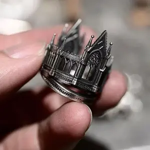 Unisex Vintage Gothic Adjustable Open Ring - Black Antique Silver, 3D Carved Cathedral Castle Medieval Church Architecture, Dark Punk Costume Statement Finger Jewelry